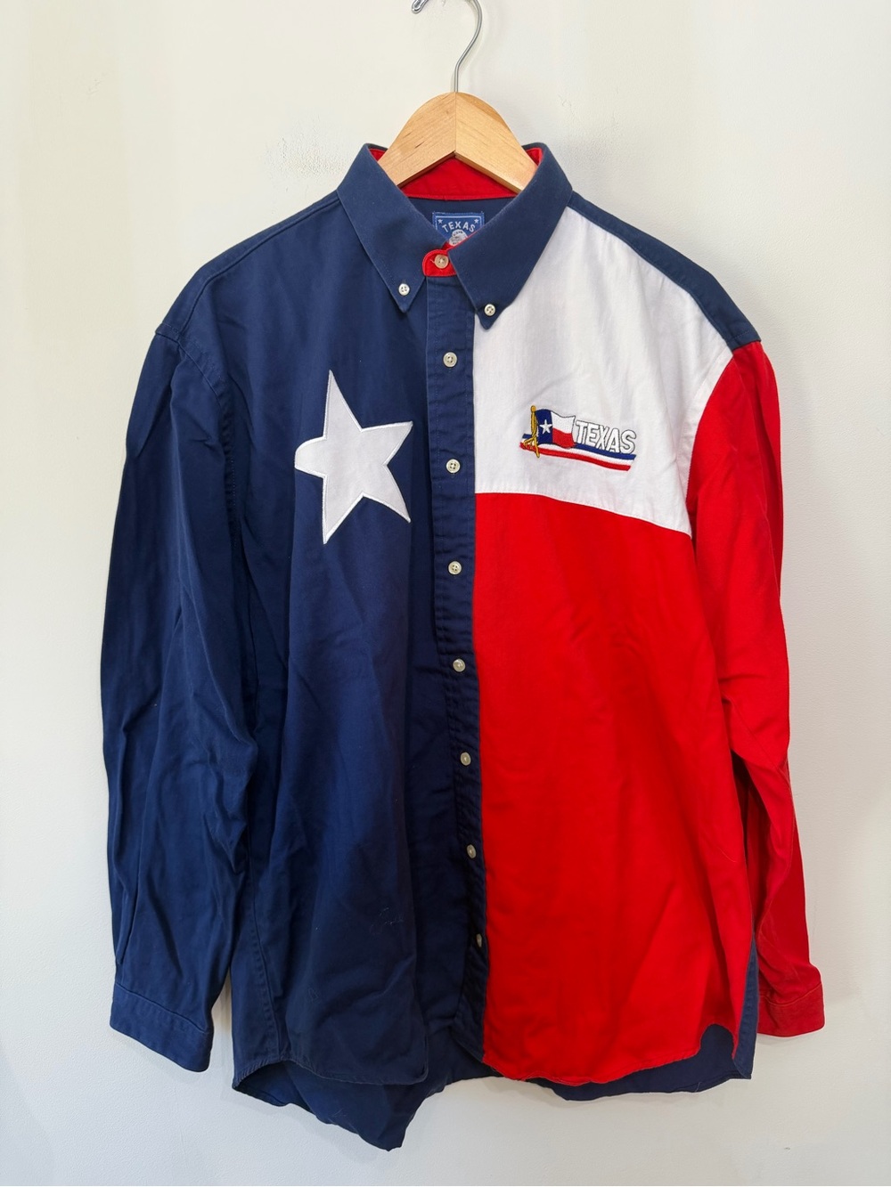 Texas Cotton Shirt Red White Blue Button Up Flag Western USA Embroidered Mens L